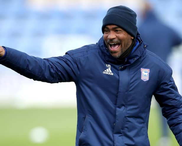 Ipswich Town's under 23 manager Kieron Dyer on the pitch ahead of the Sky Bet League One match at Montgomery Waters Meadow, Shrewsbury.