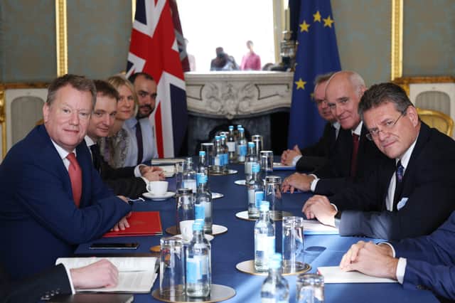 Lord Frost (left) and EU Commission vice president Maros Sefcovic (right) with their delegations during talks on the NI Protocol in London last week