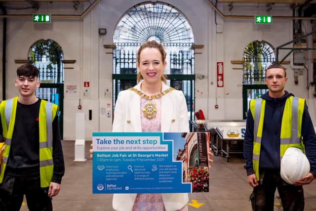 Lord Mayor Councillor Kate Nicholl joins Aidan McMeekin and Coyst Madine to launch the Take the Next Step Job Fair