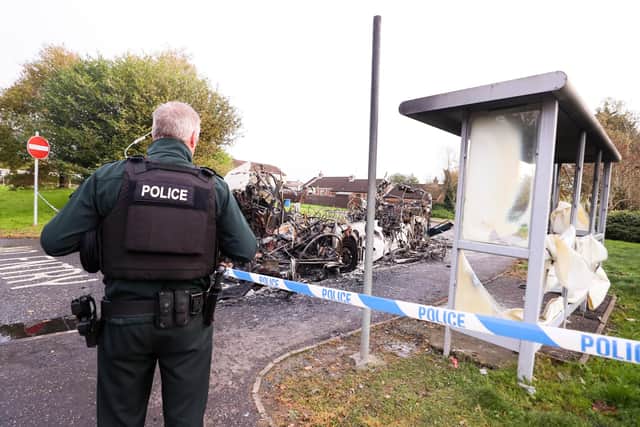 The scene on Abbot Drive in Newtownards, Co. Down, where police are investigating a hijacking and arson attack on a bus at around 6.30am this morning. 


Picture by Jonathan Porter/PressEye