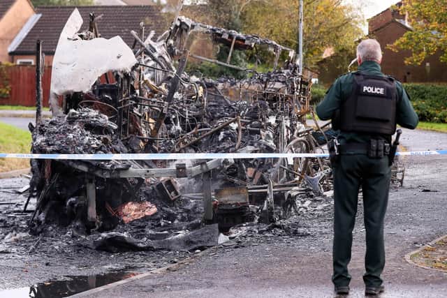 The scene on Abbot Drive in Newtownards, Co. Down, where police are investigating a hijacking and arson attack on a bus at around 6.30am this morning. 


Picture by Jonathan Porter/PressEye