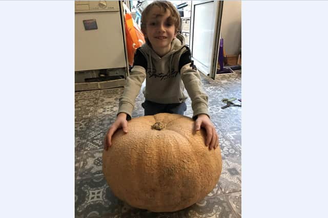 James and the giant – and very heavy – pumpkin