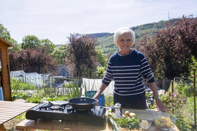Mary Berry in Terry Walton's allotment, Wales