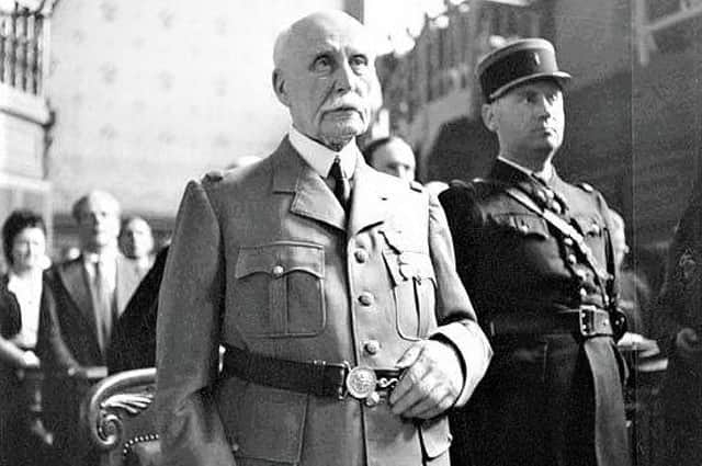 Philippe Petain, head of Vichy France (the Nazi puppet state that  kept order in southern France during much of WWII) pictured in 1945 on trial for treason. The letter-writer warns unionists against ‘Vichy-style collaboration’ (image marked as public domain)