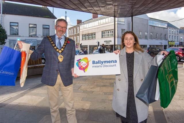 Mayor of Mid and East Antrim, Councillor William McCaughey, pictured with Ballymena BID Manager, Emma McCrea
