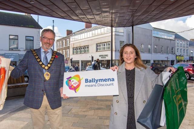 Mayor of Mid and East Antrim, Councillor William McCaughey, pictured with Ballymena BID manager, Emma McCrea