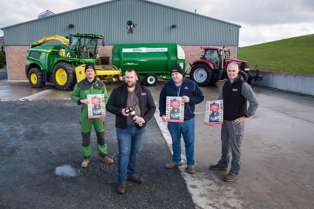 Left to right: William Steele, John Steele & Sons; Steven Evans; Samuel Steele; Rowreagh Farm; Thomas Steele, Rowreagh Farm; pictured with a 2022 Calendar showcasing Steven's photography of agricultural contractors operating around the Newtownard's Peninsula, the sales of which will be donated in full, to the Air Ambulance NI