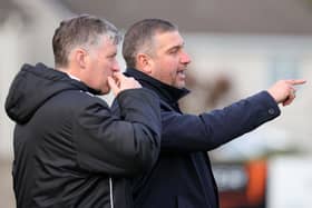 Portadown manager Matthew Tipton (right) in conversation during Saturday's draw with first-team coach Trevor Williamson. Pic by Pacemaker.