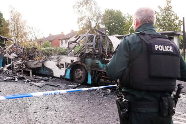 The scene on Abbot Drive in Newtownards where police are investigating a hijacking and arson attack  bus.   Picture: Jonathan Porter/PressEye