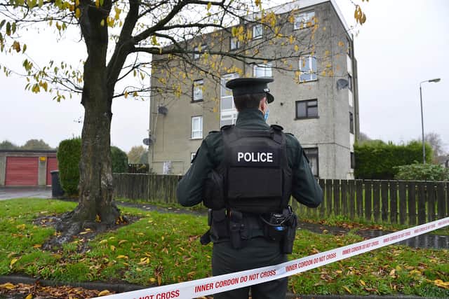 Pacemaker Press 08-11-2021: Police in Antrim are investigating a shooting incident at a house in Greenpark Drive, Antrim on Sunday 7th November.
A report was received shortly after 10.30pm on Sunday night that a man had sustained a gunshot wound to his chest after a shot was fired through the front door of the house. The man has now been taken to hospital for treatment.
Picture By: Arthur Allison/Pacemaker Press.