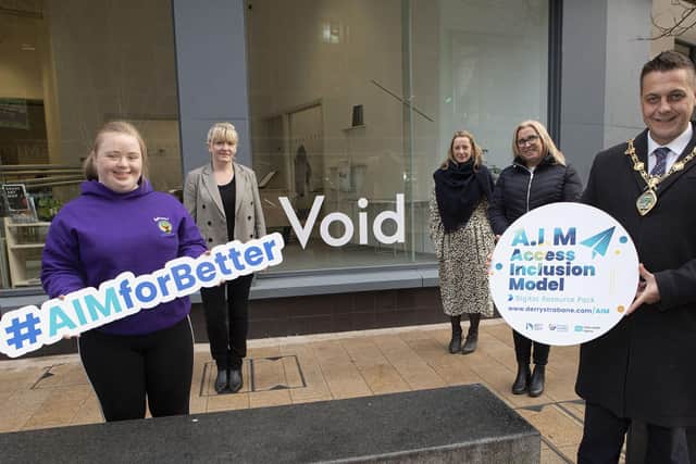 Mayor Graham Warke with Tori McNeill, artist, Mary Cremin, director, Void Gallery, Maeve Butler, head of access and engagement, Void Gallery, and Caitriona Doherty, access and inclusion co-ordinator, DCSDC