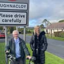 Jim Copeland, 95, with MP Carla Lockhart in Aughnacloy, the last leg of his charity cycle for Charlene's project