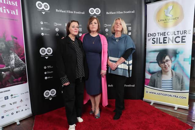 Nichola McKee Corner, centre, with director Alison Millar and Belfast Film Festival Director Michele Devlin, at Sunday’s gala screening of Miller’s brilliant documentary on Lyra McKee, which used the murdered journalist’s videos, recordings and words to bring her back to us