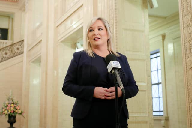 Sinn Fein's Michelle O'Neill speaks to the media in the Great Hall at Parliament Buildings, Stormont