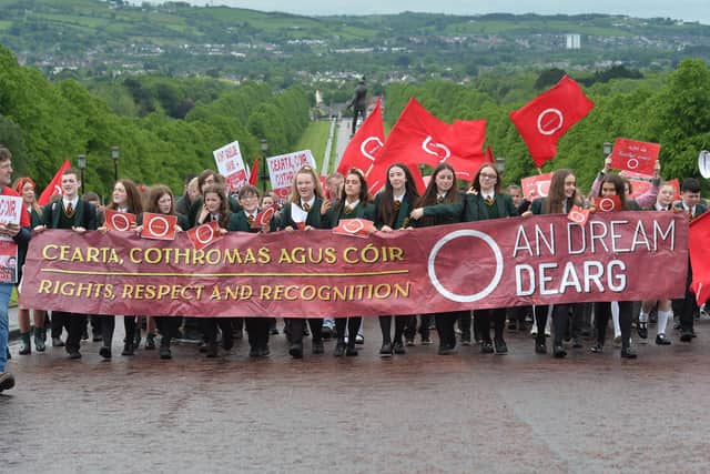 Protesters at Stormont in May 2019 calling for the introduction of an Irish language act. Picture: Colm Lenaghan/Pacemaker