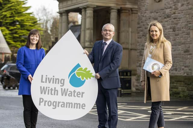 (left to right) Northern Ireland Minister for Infrastructure Nicola Mallon, Paddy Brow Head of Living With Water Programme, and The Rt. Hon. the Lord Mayor of Belfast, Councillor Kate Nicholl during the launch of NI Water's, Living With Water Programme at Belfast Castle.