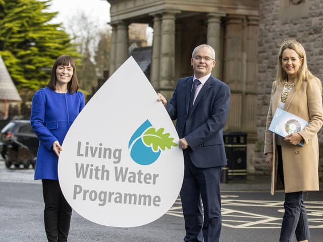 (left to right) Northern Ireland Minister for Infrastructure Nicola Mallon, Paddy Brow Head of Living With Water Programme, and The Rt. Hon. the Lord Mayor of Belfast, Councillor Kate Nicholl during the launch of NI Water's, Living With Water Programme at Belfast Castle.