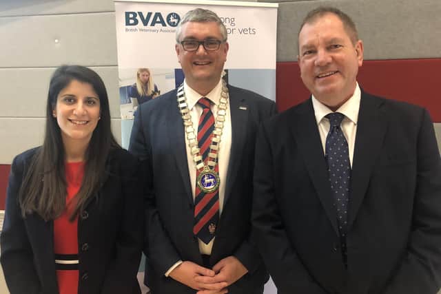 Simon after he was named president of the British Veterinary Association in September 2018. Included is senior vice-president, John Fishwick, and junior vice-president, Daniella Dos Santos, who called the ambulance for Simon.