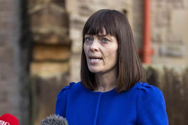 Northern Ireland Minister for Infrastructure Nichola Mallon, at Belfast Castle, fielding questions on safety concerns for Translink bus drivers and the suspension of services after a bus was hijacked and set alight in the loyalist estate of Rathcoole in Belfast on Sunday. PA Photo.