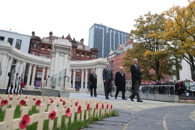 11th November 2021 

Photo by Kelvin Boyes // Press Eye 

Deputy Lord Mayor leads 2-minute silence at City Hall for Armistice Day
Deputy Lord Mayor of Belfast, Alderman Tom Haire led a 2-minute silence at the Cenotaph in the Garden of Remembrance at Belfast City Hall today (Thursday 11 November) to mark Armistice Day. The Deputy Lord Mayor was joined by the President of the Royal British Legion, Major Philip Morrison MBE High Sheriff of Belfast, Councillor Michael Long and Chief Executive of Belfast City Council, Suzanne Wylie.