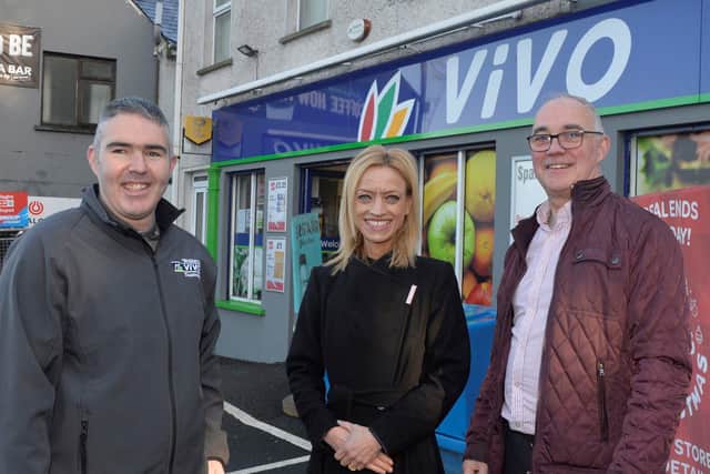Sharon Kernohan from the Henderson Group, who have traded with Sean McCullagh and the ViVO Essentials Plumbridge store since 1991 joined him to welcome new owner Aidan Walters. The store is changing hands after over 100 years of the McCullagh name above the door