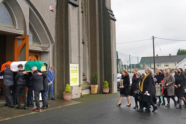 The coffin of Austin Currie is carried into the Church of the Immaculate Conception in Allenwood, Co Kildare, for requiem mass on Friday. Picture: PA