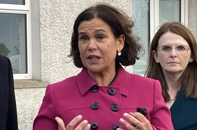 Sinn Fein president Mary-Lou McDonald speaks to media in Co Armagh following a visit to a logistics firm yesterday. Photo: Rebecca Black/PA Wire
