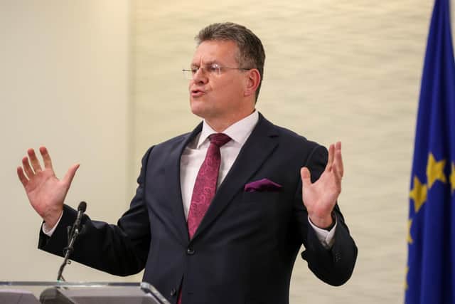 EU Commission Vice President Maros Sefcovic speaking at Europe House in Westminster, London after a meeting at Lancaster House in London, the fourth meeting to be held to attempt to resolve issues with the Northern Ireland Protocol. Photo: Hollie Adams/PA Wire