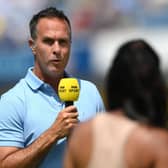 Former England cricket captain Michael Vaughan on BBC Sport with Isa Guha during the England and Pakistan game in Leeds on July 18. Vaughan was suspended as a cricket commentator for previous alleged racist banter. That the claims were unsubstantiated didn’t make the BBC pause