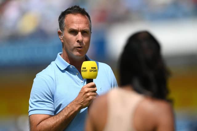 Former England cricket captain Michael Vaughan on BBC Sport with Isa Guha during the England and Pakistan game in Leeds on July 18. Vaughan was suspended as a cricket commentator for previous alleged racist banter. That the claims were unsubstantiated didn’t make the BBC pause