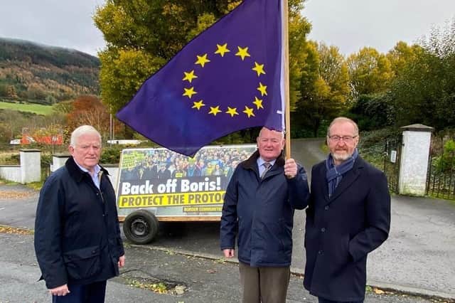 Declan Fearon, Seamus McDonnell and Bernard Boyle from the protest group, who will hold a series of demonstrations along the border next week telling Boris Johnson to "back off" on plans to trigger Article 16 of the Northern Ireland Protocol