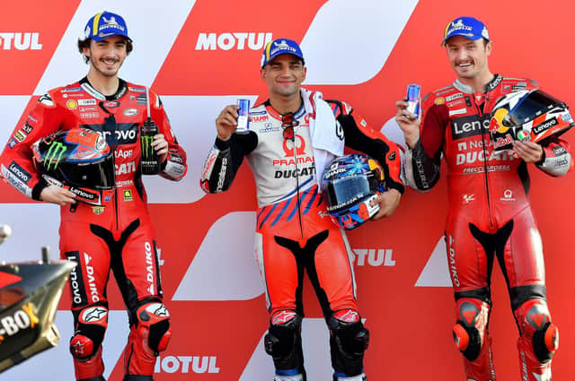 Pecco Bagnaia (left) won from Jorge Martin (centre) and Jack Miller at Valencia in a Ducati 1-2-3.