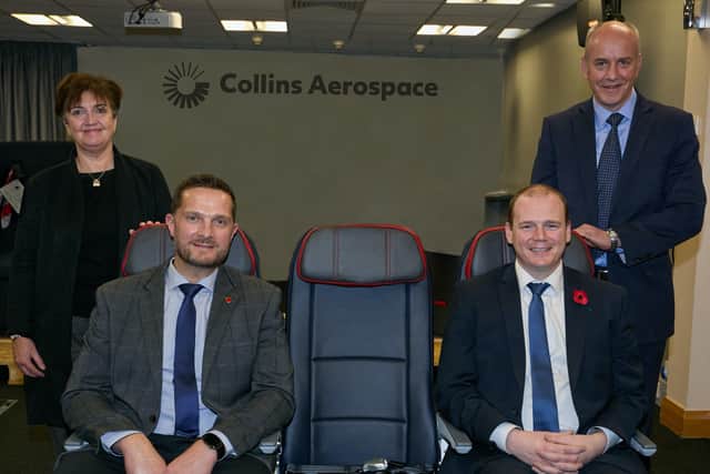 Economy Minister, Gordon Lyons MLA with Stuart McKee, managing director of Collins Aerospace in Kilkeel, Gráinne McVeigh, director of Advanced Manufacturing and Engineering, Invest Northern Ireland and Dr Leslie Orr ADS (NI)