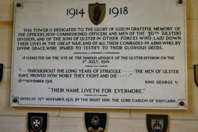The inscription plaque at the Ulster Tower at Thiepval