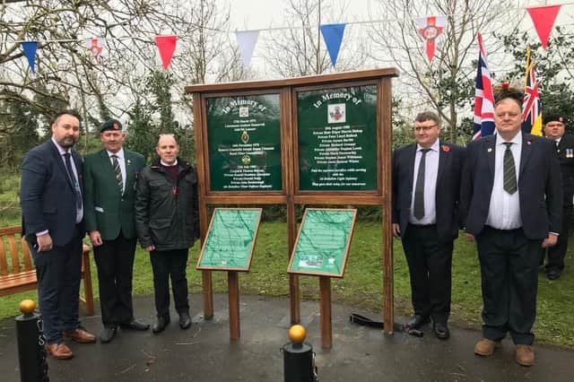 Kenny Donaldson of SEFF with former members of the Light Infantry at the Ballygawley commemoration November 2021