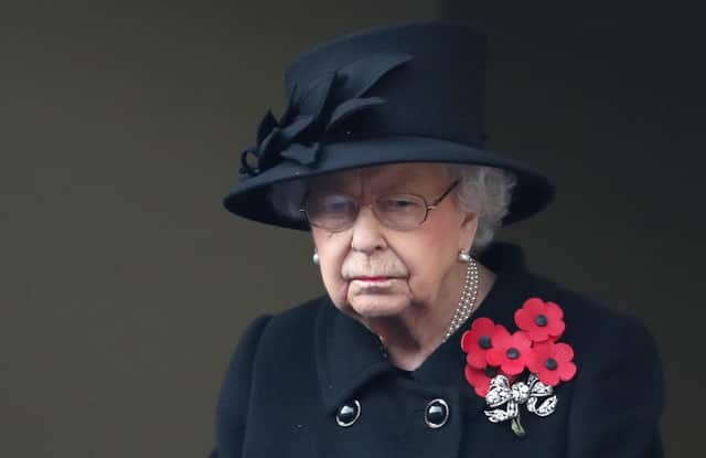 Queen Elizabeth II during the National Service of Remembrance at the Cenotaph, in Whitehall, London in 2020.