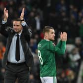 Northern Ireland manager manager and captain Steve Davis applaud the fans after the 0-0 draw against Italy in Belfast.