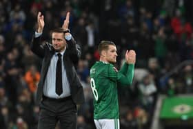 Northern Ireland manager manager and captain Steve Davis applaud the fans after the 0-0 draw against Italy in Belfast.