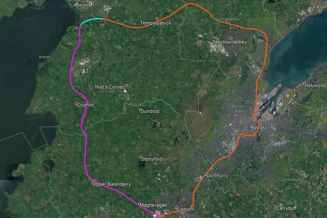 A petition has been launched to create a 'Circle' railway ine around Belfast to ease congestion and reduce road congestion and damage to the environment. Red is track that is Open, Purple is closed and Blue is a possible Antrim bypass.