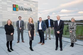 Siobhan Brennan (Version 1), Paul Chawke and Aisling Curtis from Microsoft Ireland, Brendan McGettrick, Barry Clifford, Tom O’Connor, and Olivia Carroll (Version 1) at One Microsoft Place, Dublin
