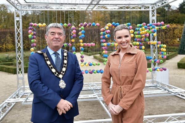 The Mayor of Antrim and Newtownabbey, Councillor Billy Webb with Nadine Coyle in Antrim Castle Gardens.