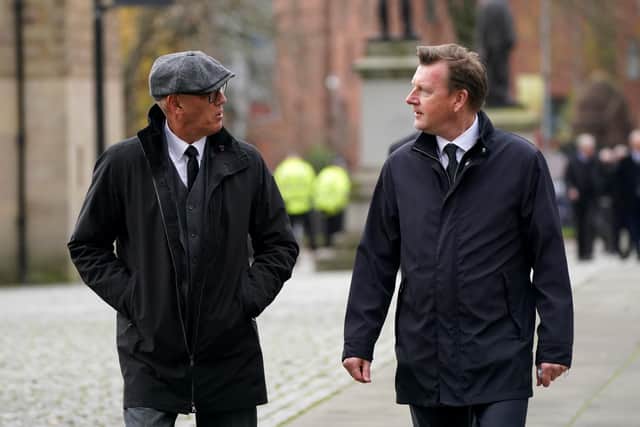 Former Rangers player Mark Hateley (left) and Former Rangers player Nigel Spackman attend the memorial service at Glasgow Cathedral. On the 26th October 2021 it was announced that former Scotland, Rangers and Everton manager Walter Smith had died aged 73. Picture date: Friday November 19, 2021.