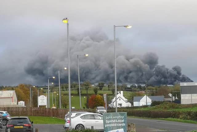 A major fire at a factory near Enniskillen in Co Fermanagh which was brought under control on Friday. Photo taken with permission from the Twitter feed of Brian @_Brian_Boru