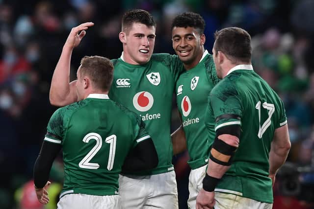 Ireland's Dan Sheehan and Robert Baloucoune celebrate after the Vodafone Series match between Ireland and Argentina at Aviva Stadium. Pic by Getty.