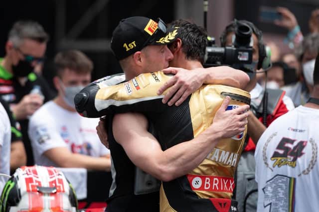 Jonathan Rea congratulates new World Superbike champion Toprak Razgatlioglu following Race 1 in Indonesia on Saturday.