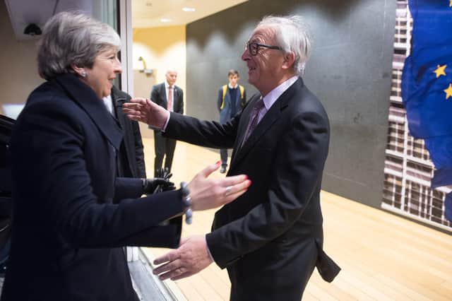 EU President Jean-Claude Juncker greeting British Prime Minister Theresa May at the EU Commission in Brussels on Friday December 8, 2017 when the Irish backstop was agreed. Phone: Etienne Ansotte/EU/PA Wire