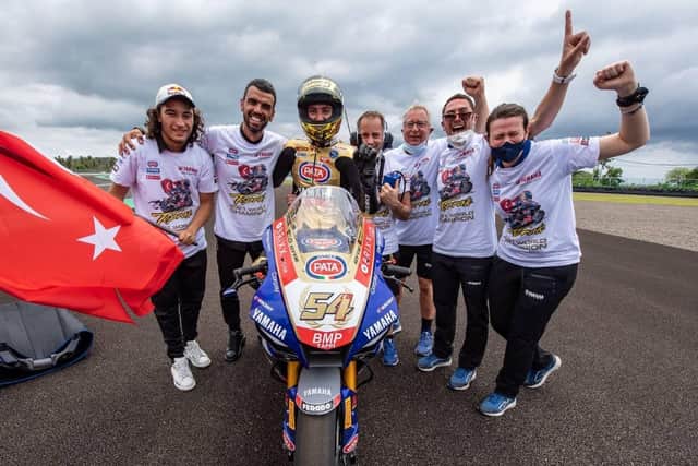 Turkey's Toprak Razgatlioglu celebrates winning the World Superbike title for the first time at Mandalika in Indonesia on Sunday.