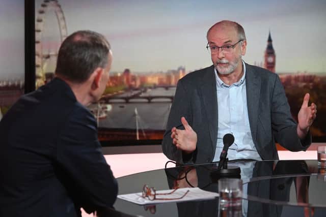 Professor Sir Andrew Pollard, director of the Oxford Vaccine Group, on the BBC1's The Andrew Marr show on Sunday. 
He said " We’re already ahead of that with this particular virus, the Delta variant” Photo: Jeff Overs/BBC/PA Wire