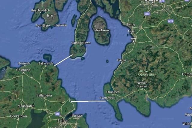 A map showing proposed routes for a proposed bridge linking Scotland and Northern Ireland