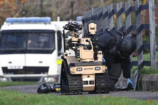 Pacemaker Press 22/11/21
Police at ATO at the scene of  a security alert in Meadow Lands, Antrim following the discovery of a suspicious object.
The Niblock Road is closed at the junction with the Springfarm Road. 
Pic Colm Lenaghan/Pacemaker